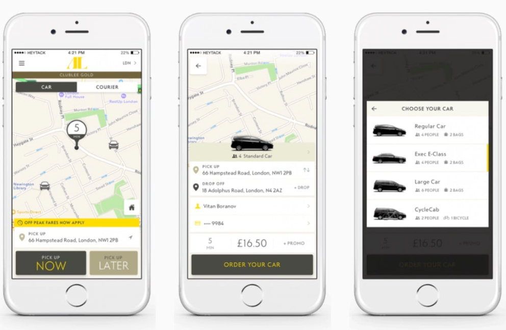 Ride-hailing app user interface on three mobile screens showing location map, fare details, and car selection options.