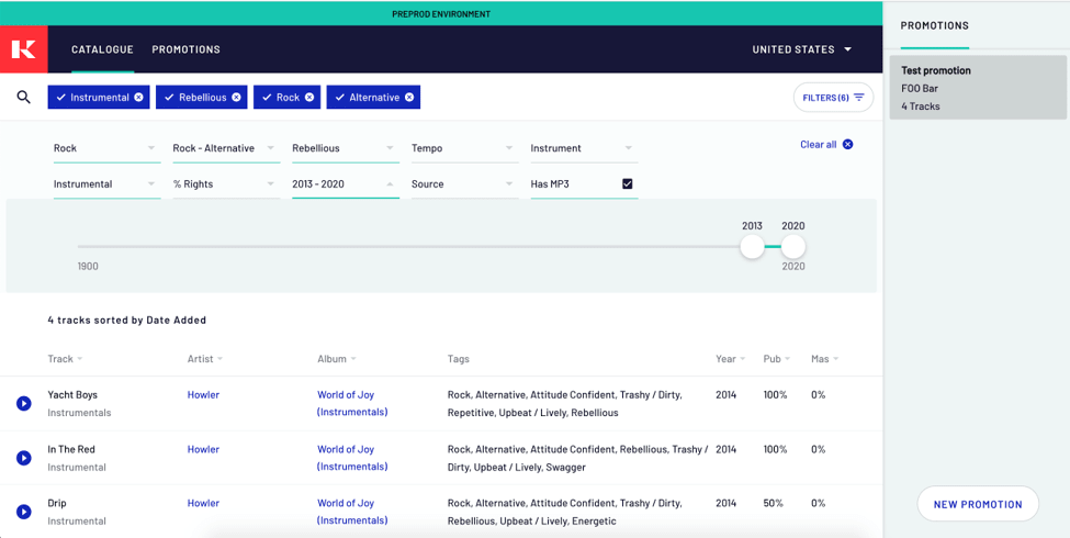 Music catalogue interface displaying track filters and metadata for songs, including tags, release years, and publishing details within the Kobalt platform.