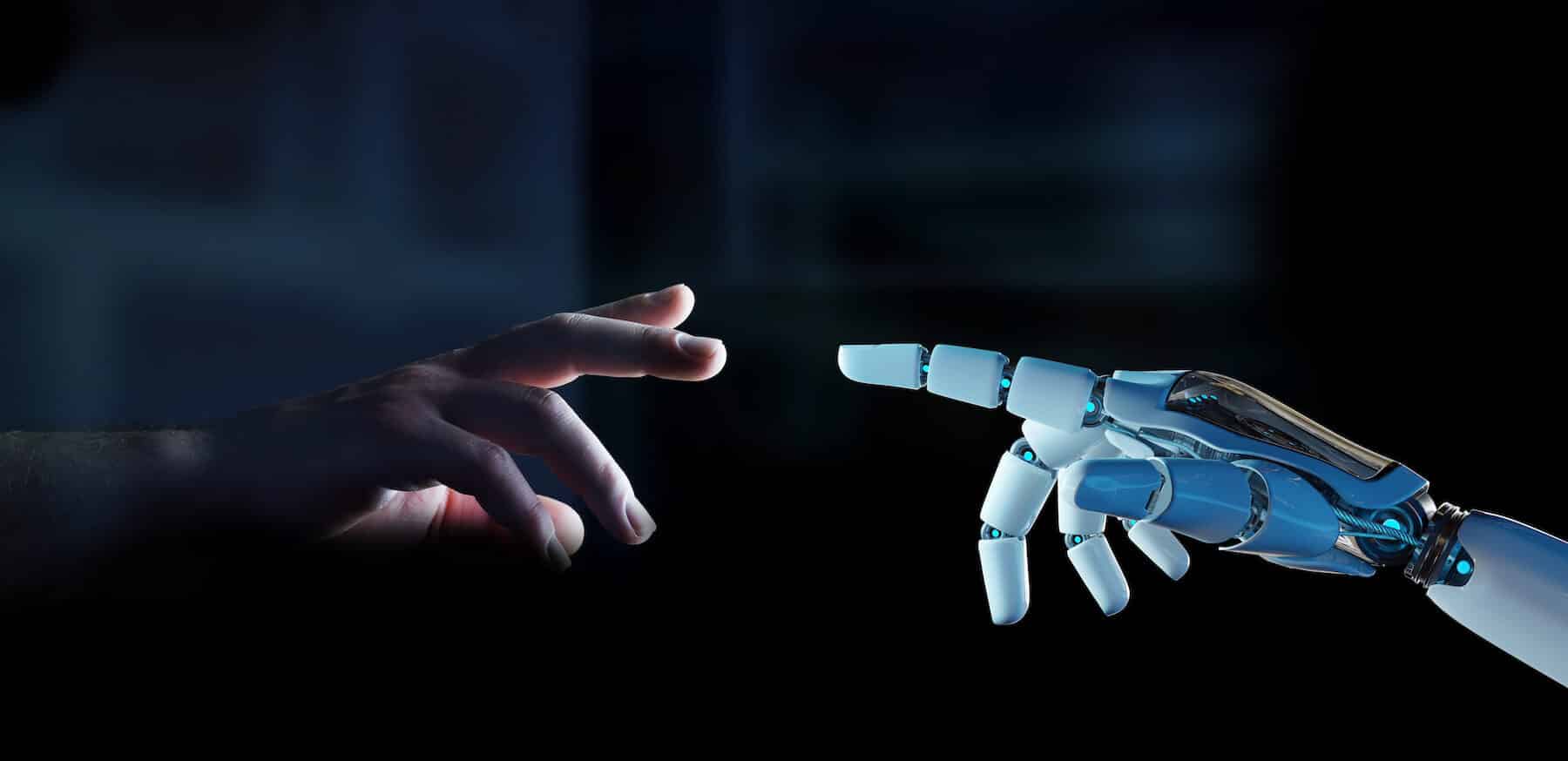 Human hand reaching out to a robot / ai hand - future technology