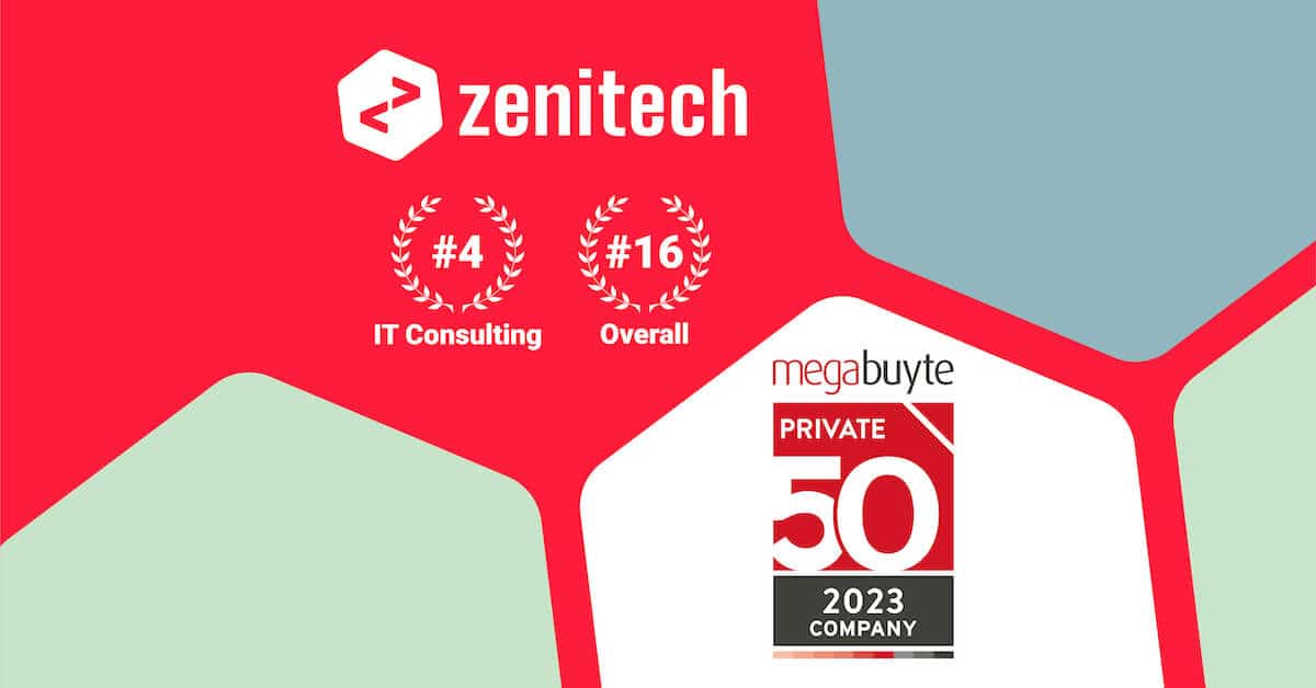 Zenitech logo with rosettes ranked no.16 in Megabuyte Awards top 50 best-performing privately-owned technology companies