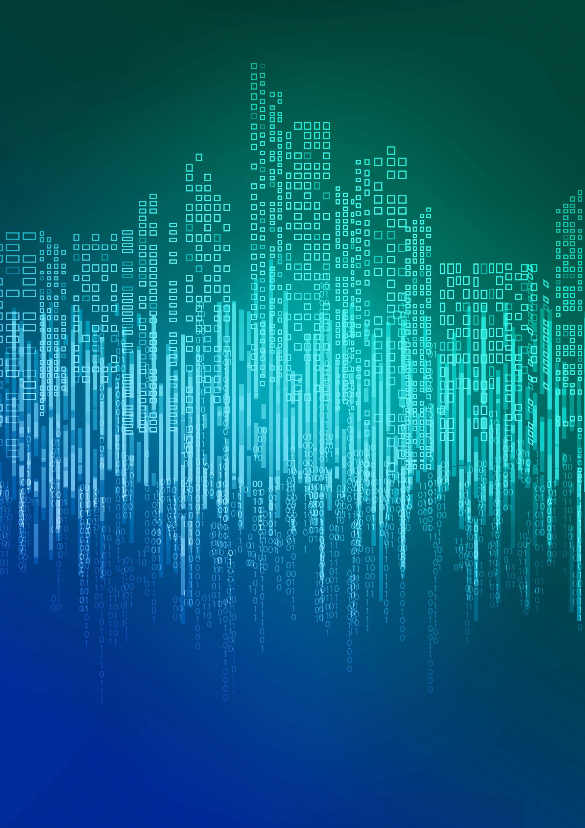 An abstract digital skyline composed of binary code and geometric shapes, with vertical bars and square patterns resembling futuristic buildings, set against a gradient background of green and blue hues.