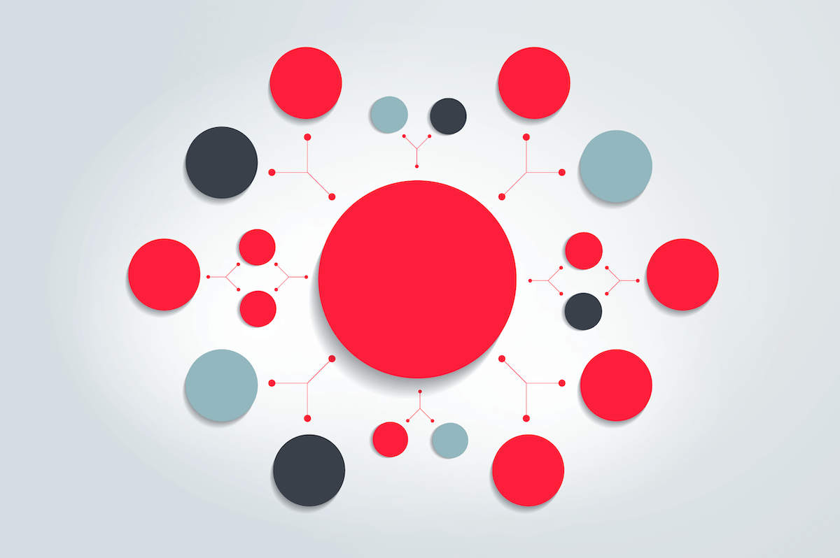 Zenitech red blue and grey circles connected in a matrix