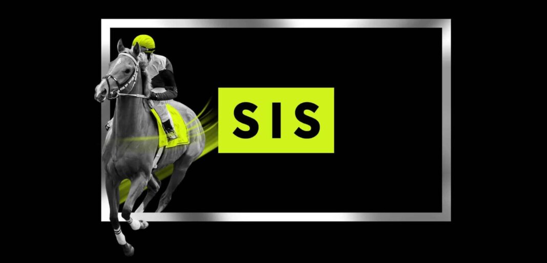 Stylized black and white image of a horse and jockey with neon yellow highlights, next to a neon yellow 'SIS' logo on a black background framed by a silver border