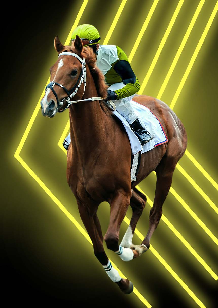 Jockey riding horse - horse racing black background with yellow bright lines