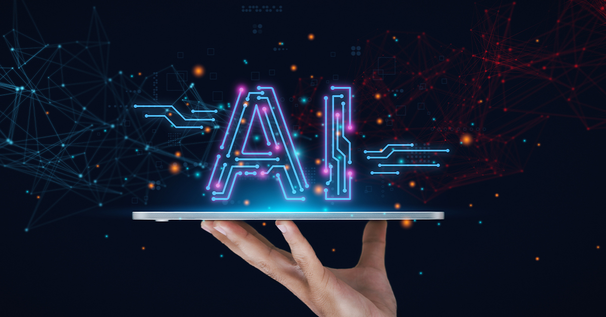 A hand holding a digital tablet with the glowing letters 'AI' emerging above it, surrounded by vibrant neural network lines and data nodes, symbolizing artificial intelligence and innovation in technology.