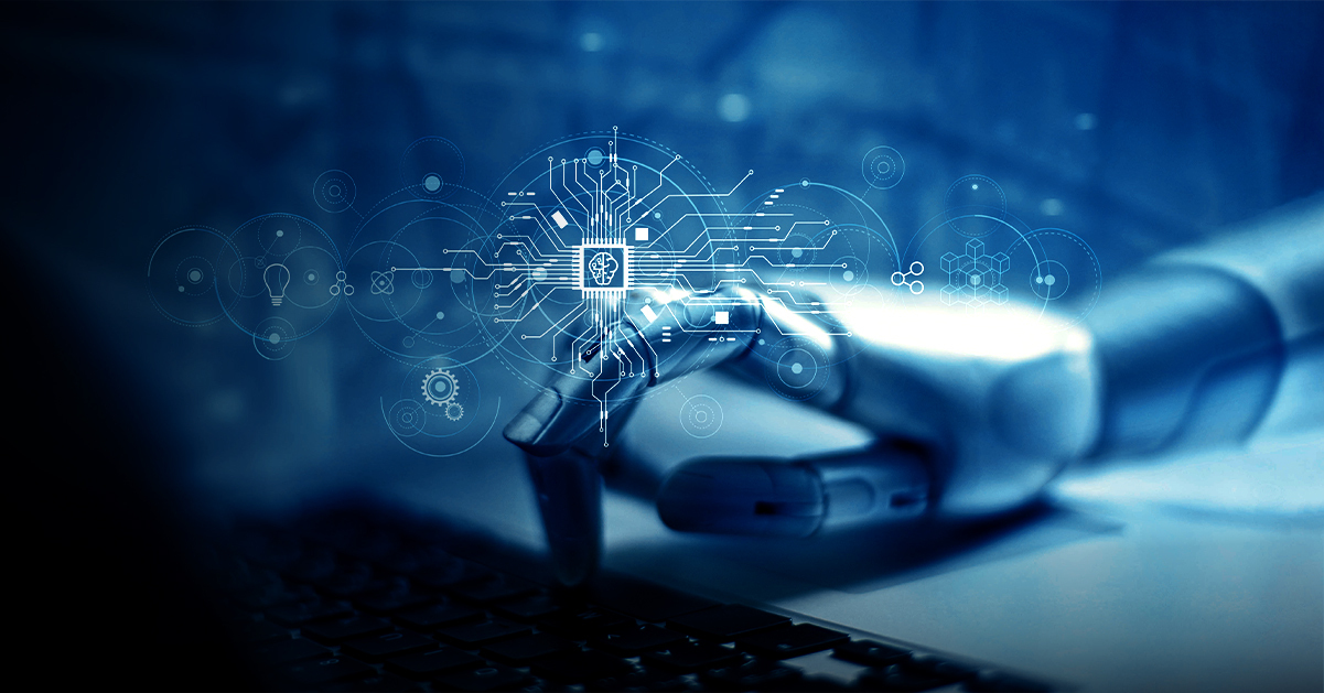 A robotic hand typing on a keyboard with a digital overlay of a microchip and interconnected circuits, symbolizing artificial intelligence, machine learning, and automation in a futuristic technology environment. The image has a blue-toned theme suggesting a high-tech, digital context.