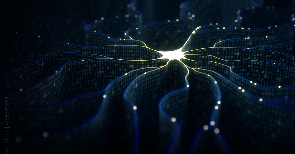 Abstract digital visualization resembling a neural network or brain synapse. Dark, wave-like structures covered in binary code converge toward a glowing central point, symbolizing data flow, artificial intelligence, or deep learning.