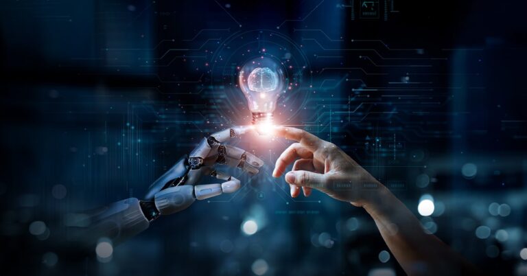AI, Machine learning, Hands of robot and human touch on big data network, Brain data creative in light bulb, Science and artificial intelligence technology, innovation for futuristic.