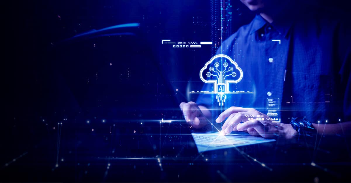 Man on computer in dark blue room with floating ai brain graphic