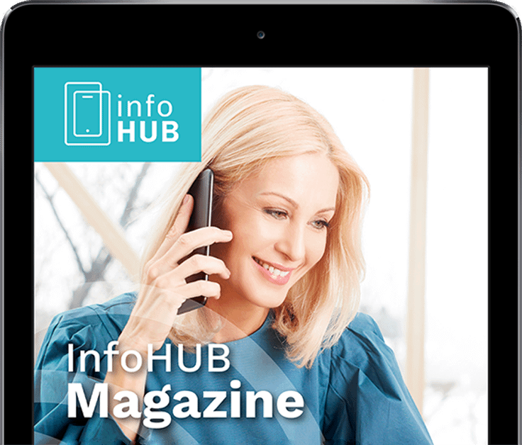 iPad showing the info hub magazine - a woman on the phone