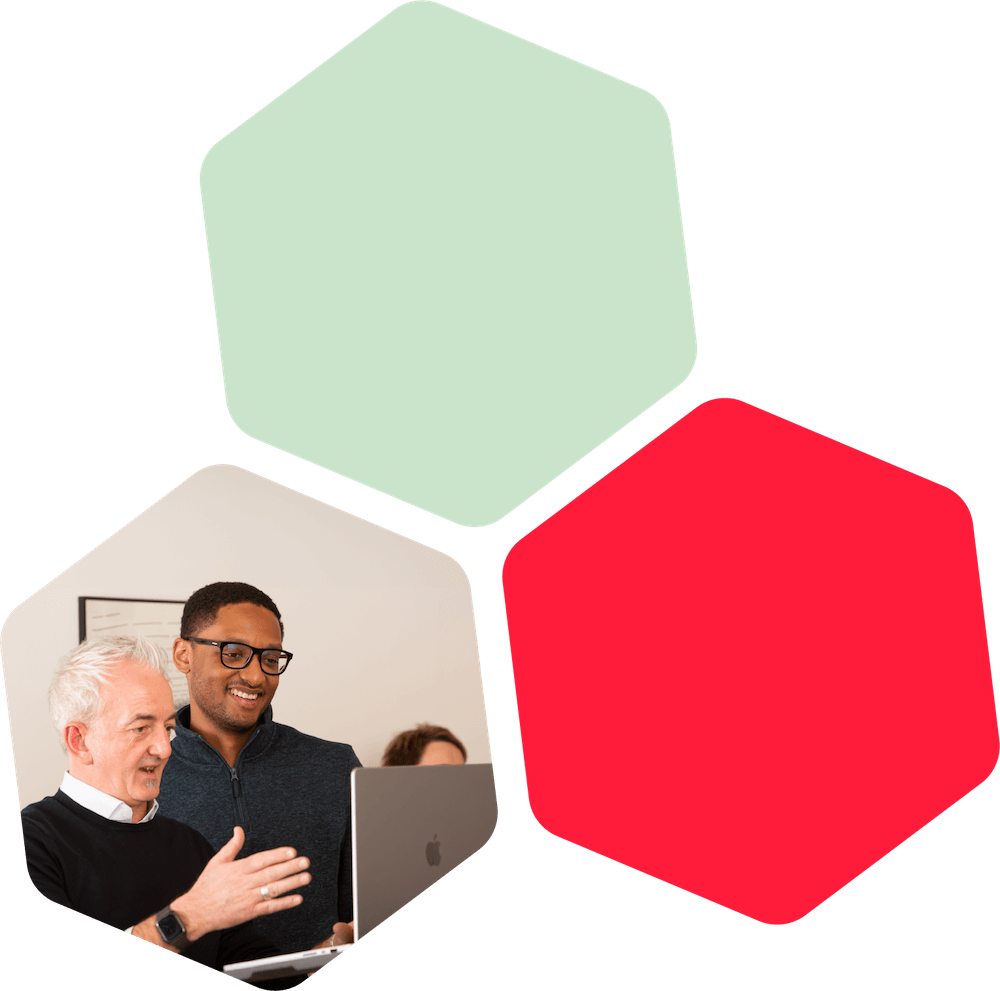 Zenitech Hexagon - green, red and an image of two zenitech employees