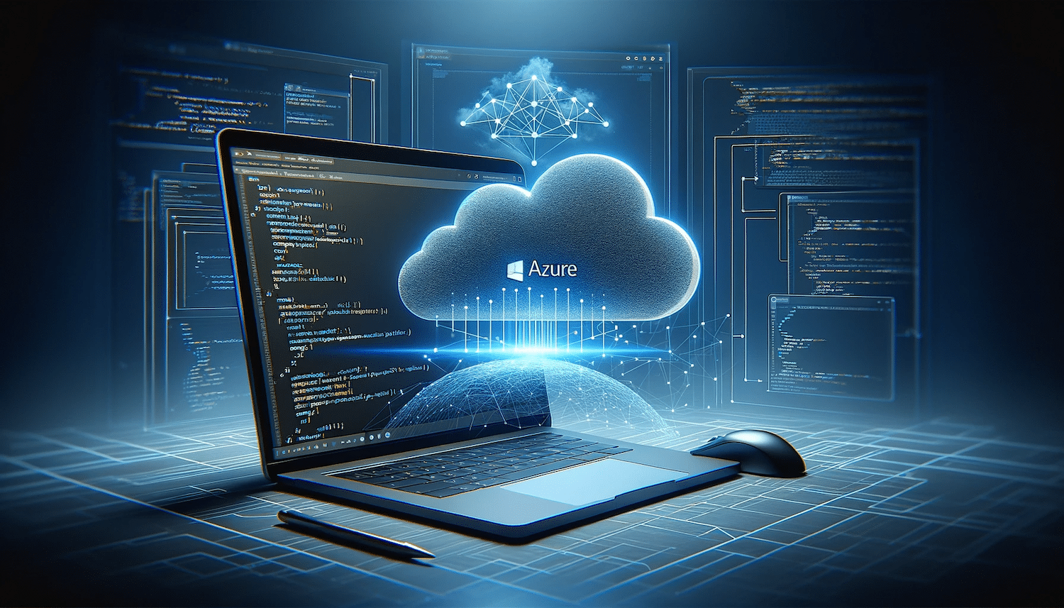 A modern laptop displaying web development code, with elements representing Azure cloud hosting, including the Azure logo and a cloud symbol. The image features a blue and grey color scheme, symbolizing the integration of SPA development and Azure cloud services.