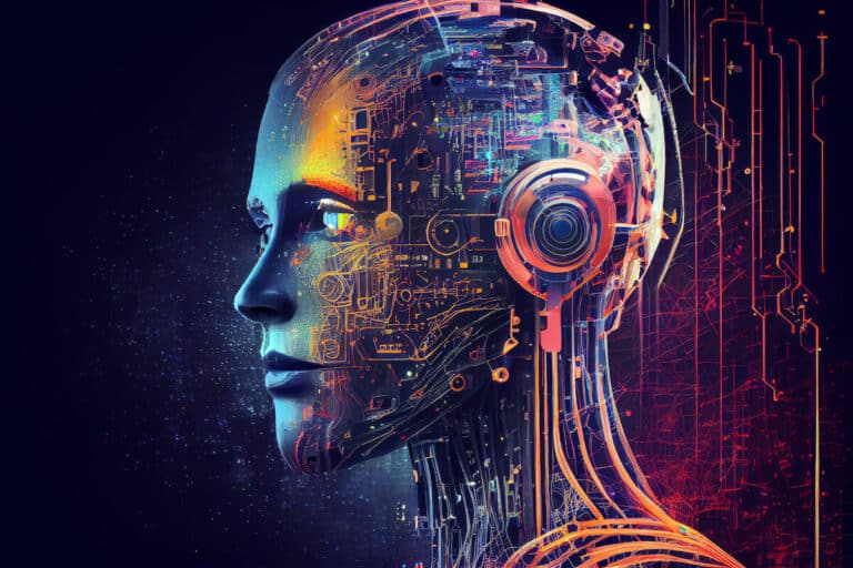 Digital artwork of a human-like figure with a transparent head, revealing intricate electronic circuits and components inside, symbolizing advanced artificial intelligence. Bright neon colors contrast with the dark background, emphasising the futuristic theme.