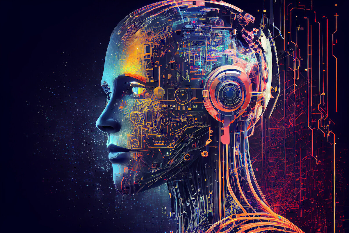 An illustration of a robot's head, it has a lot of colorful wires and circuits.