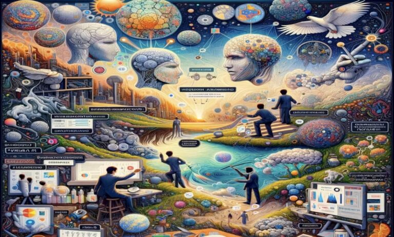 Complex, colourful illustration featuring human profiles with mechanical and biological elements, people engaged in scientific activities, and abstract representations of AI concepts.