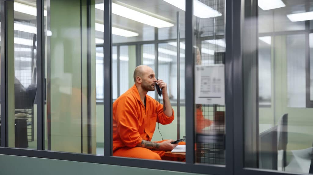 A prisoner sat in a cell on the phone wearing an orange jumpsuit
