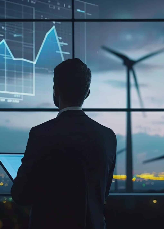 A man in a suit analyzing digital charts on a transparent screen, with wind turbines visible outside the large window at dusk.