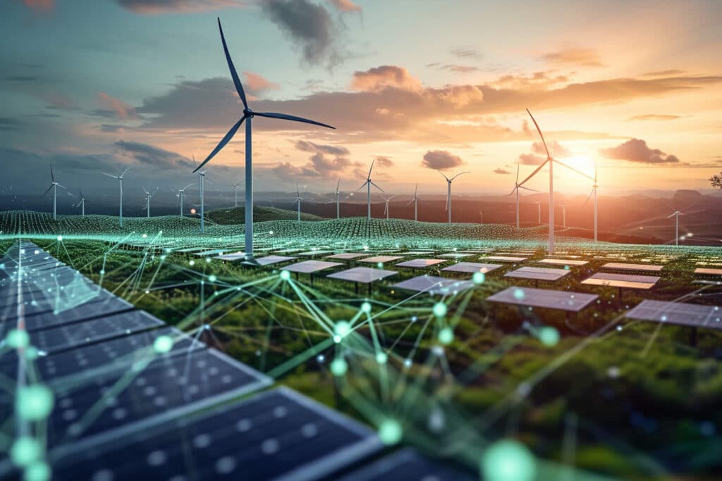 Wind turbines amongst solar panels connected by lines of electrical light