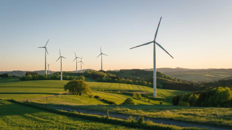 Wind turbines in green fields with hedges and trees and a light blue sky at dusk