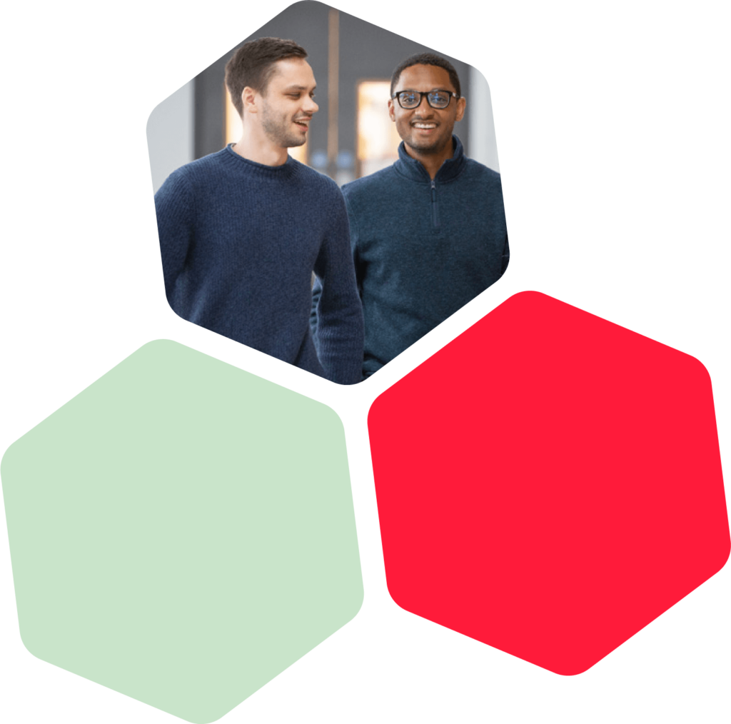 Zenitech Hexagon - green, red and an image of two zenitech employees