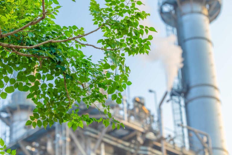 Factory letting off steam behind a tree