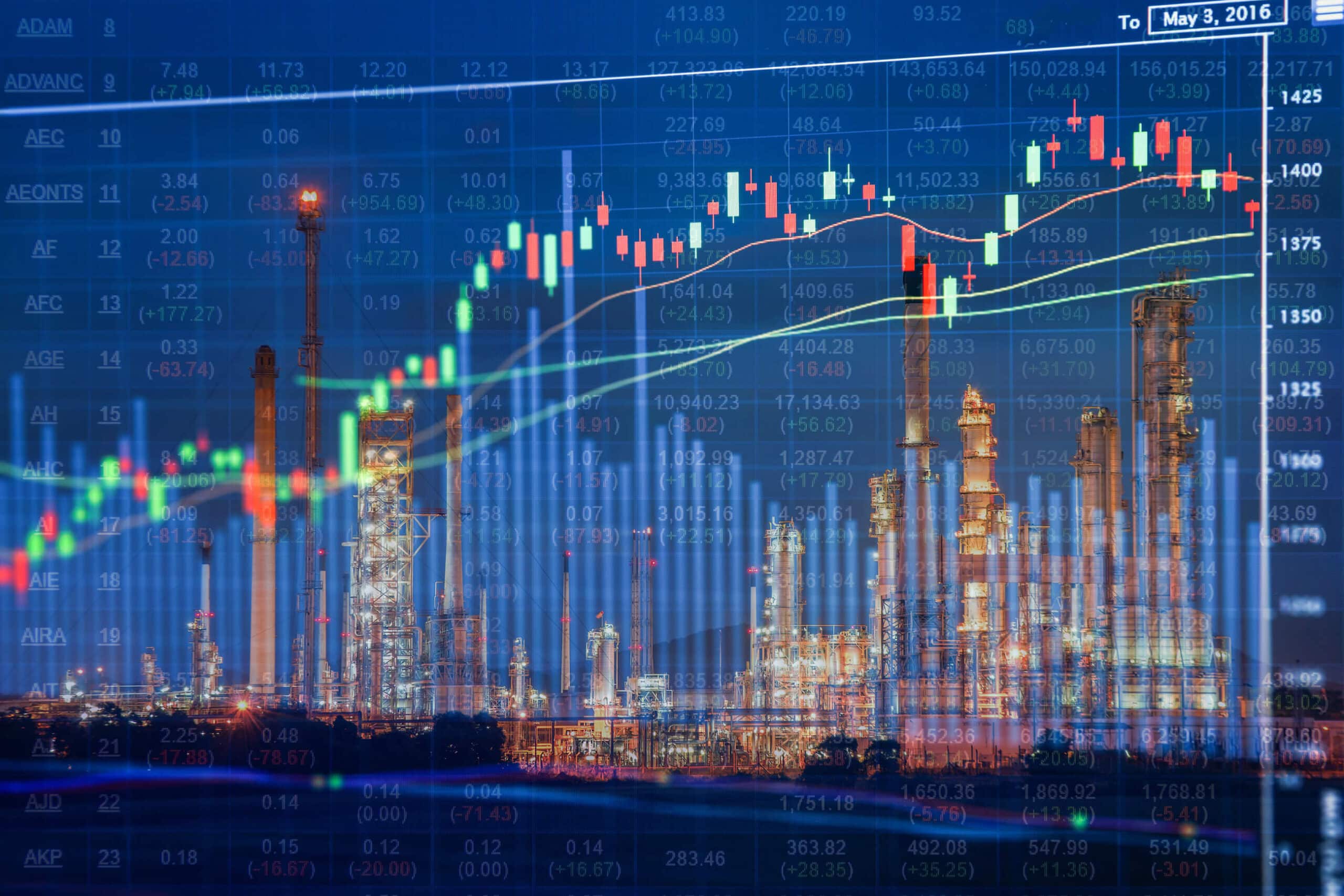 Candlestick chart superimposed onto a window overlooking a city skyline at night