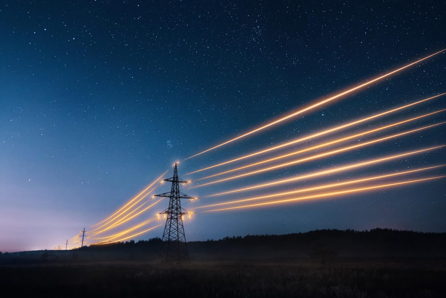 A nighttime scene featuring high-voltage power lines with glowing orange light trails symbolizing energy flow, stretching across a dark starry sky and a silhouette of a rural landscape.