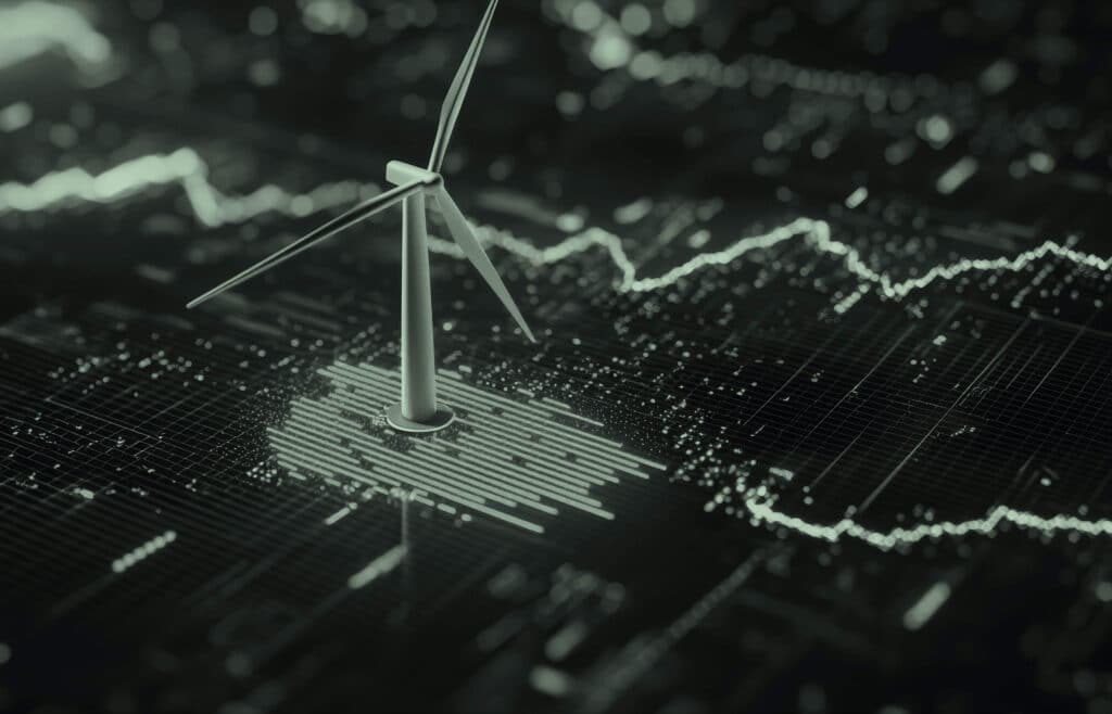 A stylised, monochrome image showing a wind turbine overlaying digital data charts, symbolising renewable energy and data analytics.