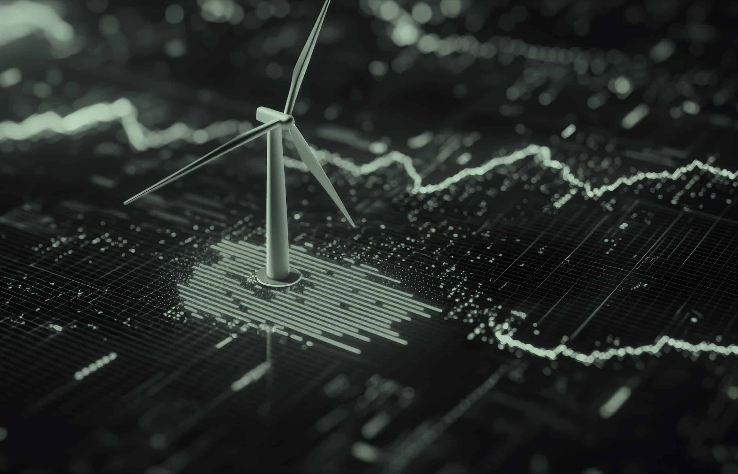 A stylised, monochrome image showing a wind turbine overlaying digital data charts, symbolising renewable energy and data analytics.