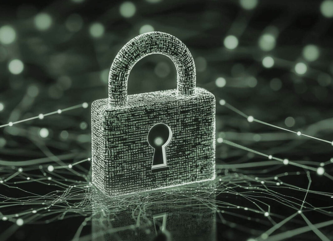 Digital padlock composed of glowing binary code, symbolizing cybersecurity and data protection in a connected network environment.