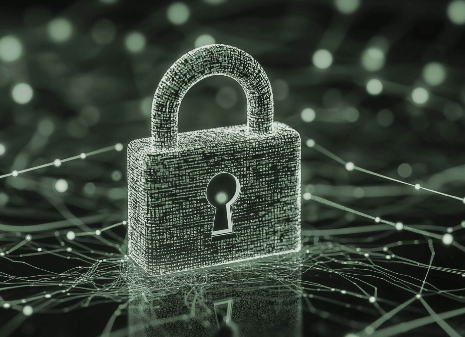 Digital padlock composed of glowing binary code, symbolizing cybersecurity and data protection in a connected network environment.