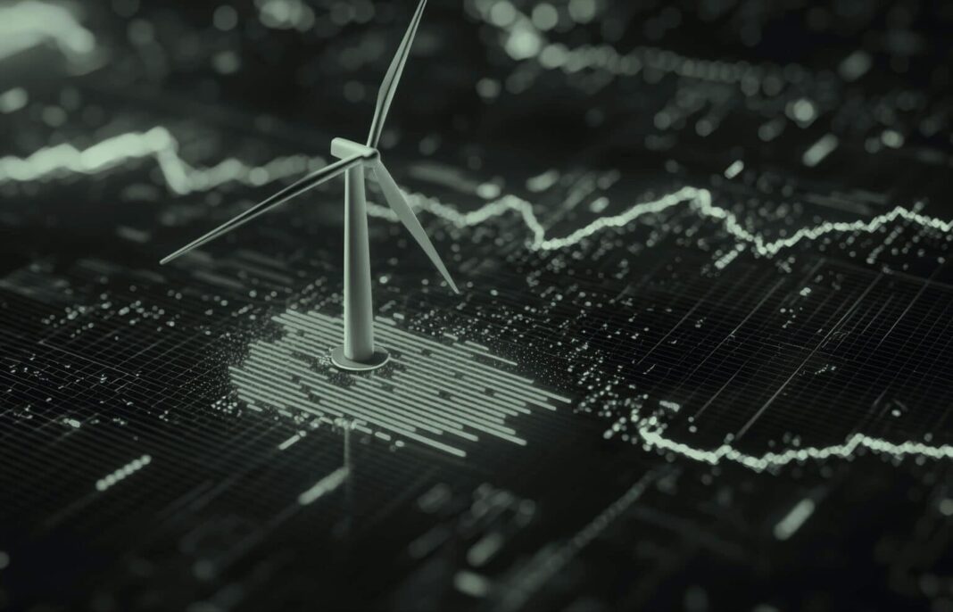Digital rendering of a wind turbine surrounded by data visualizations and charts, symbolizing renewable energy analytics and smart grid technology.
