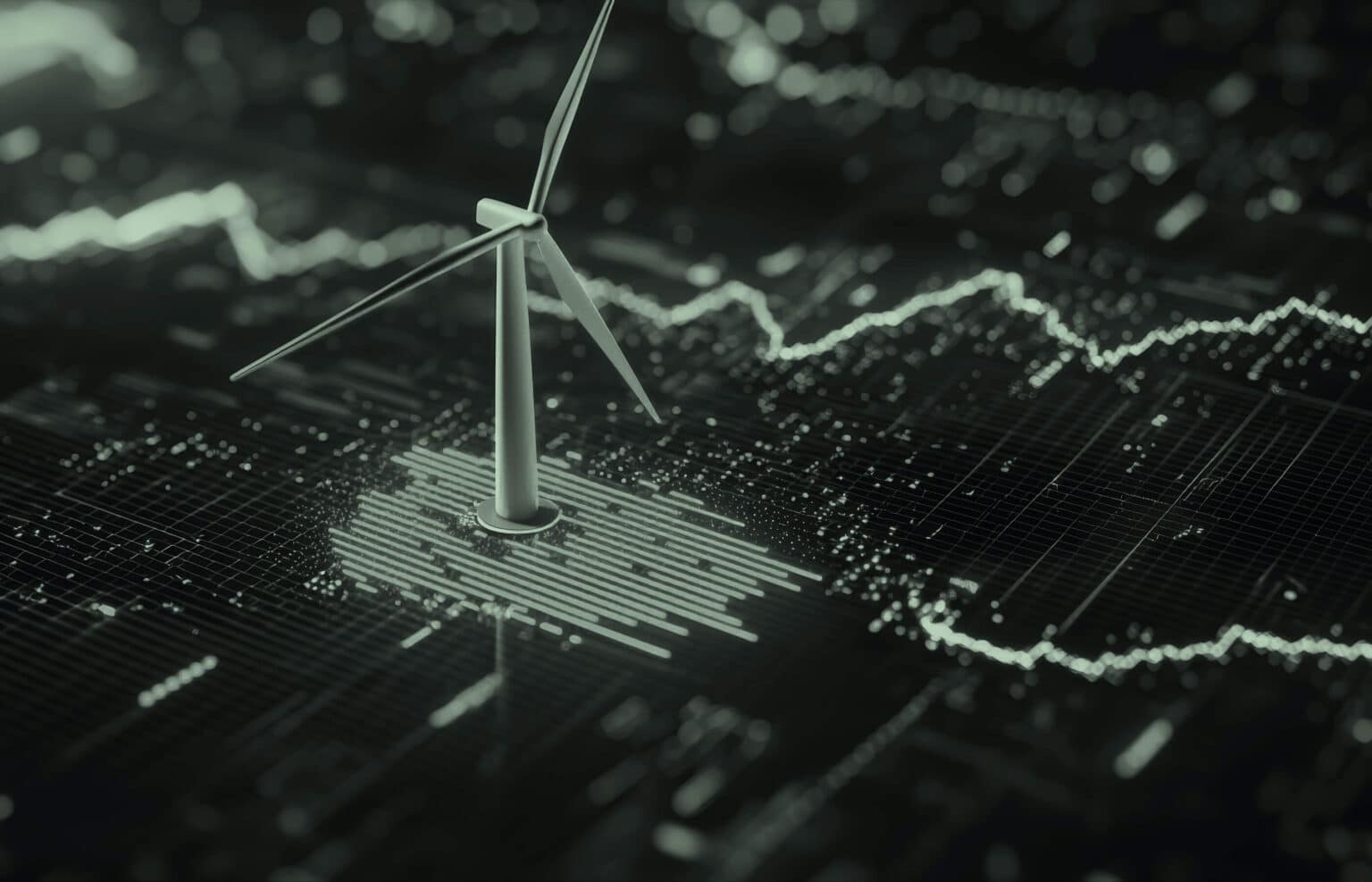 Digital rendering of a wind turbine surrounded by data visualizations and charts, symbolizing renewable energy analytics and smart grid technology.