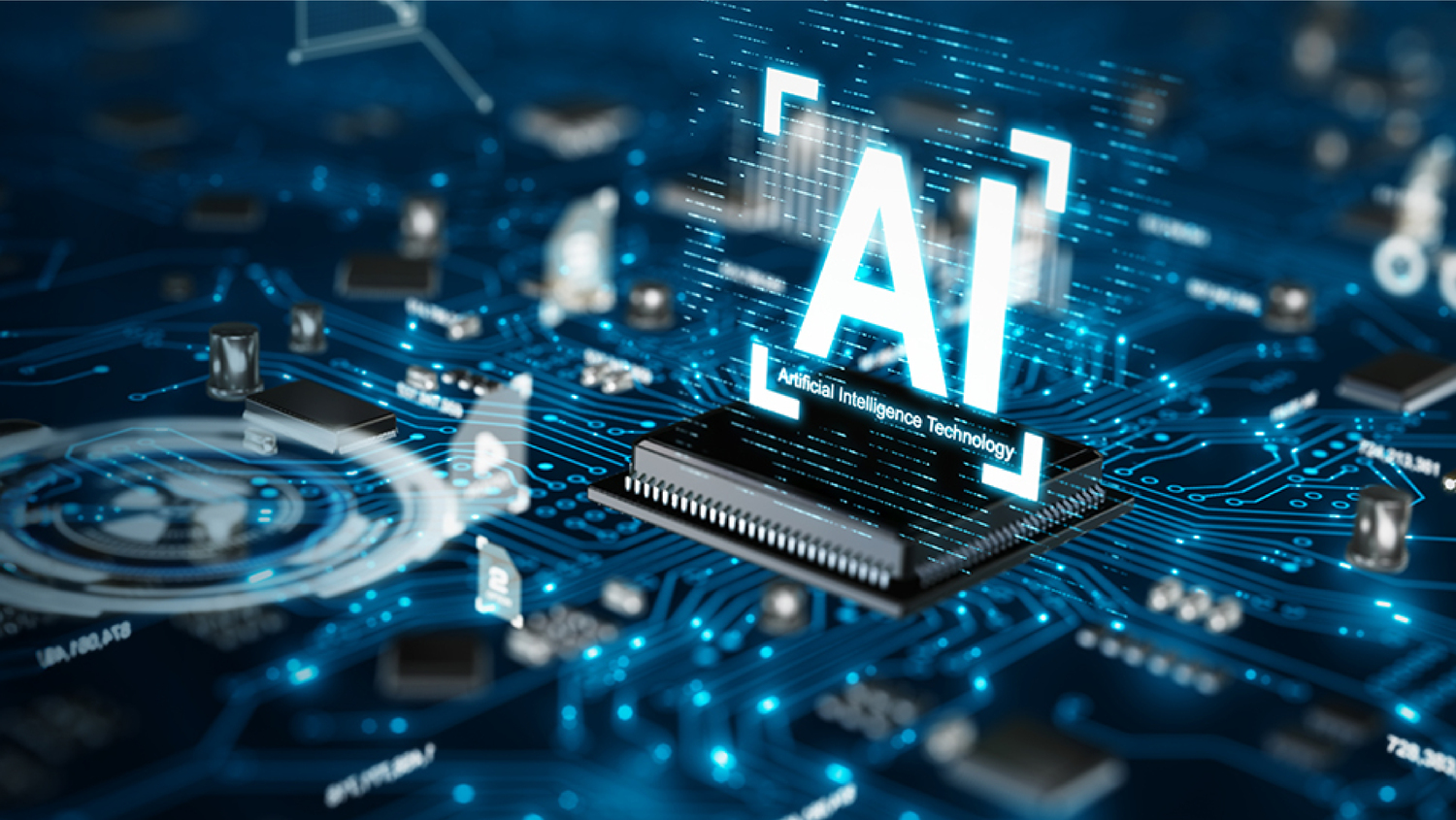 Close-up of a glowing AI microchip on a digital circuit board, with the text "Artificial Intelligence Technology" displayed above.
