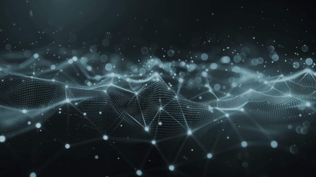 Abstract digital landscape made up of interconnected glowing points and lines, representing data flow or a network in a dark cyberspace environment.