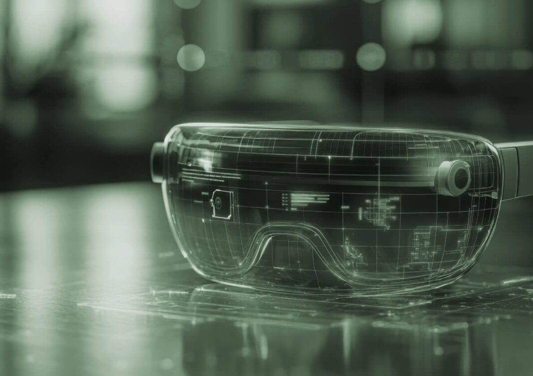Augmented reality headset with digital interface graphics displayed on its visor, placed on a reflective wooden surface.