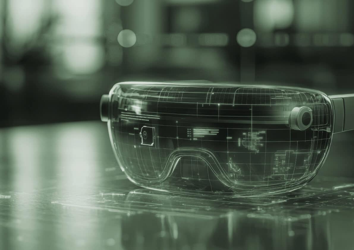 Augmented reality headset with digital interface graphics displayed on its visor, placed on a reflective wooden surface.