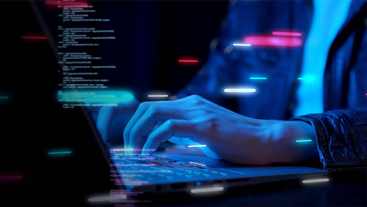 Close-up of a person typing on a laptop in a dark room, with floating lines of code and glowing light streaks representing digital technology and AI-assisted software development