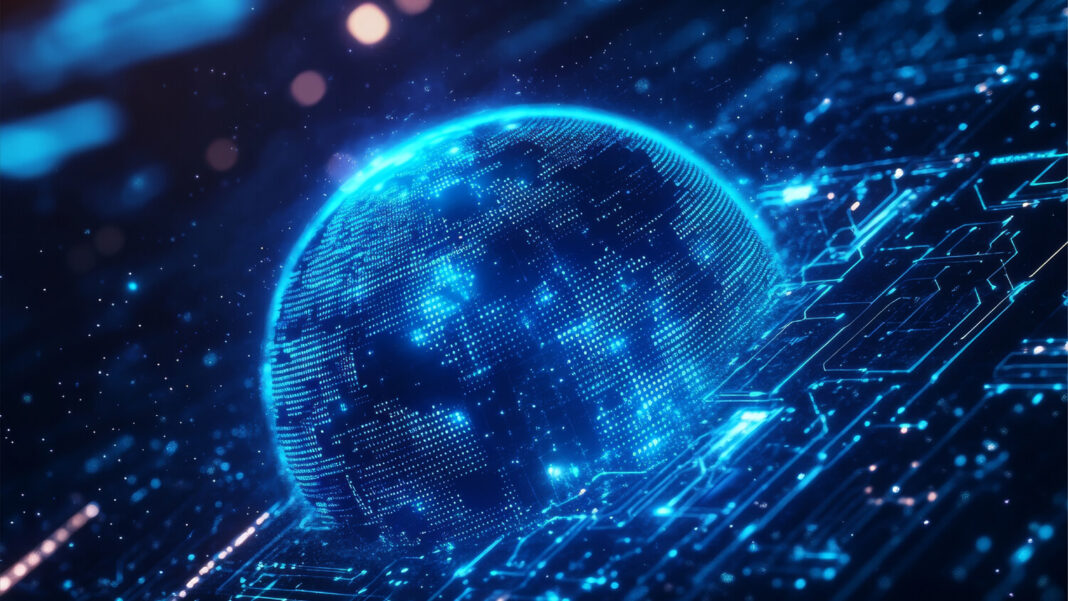 Futuristic digital globe composed of glowing blue dots and circuits, symbolizing artificial intelligence and global digital transformation.