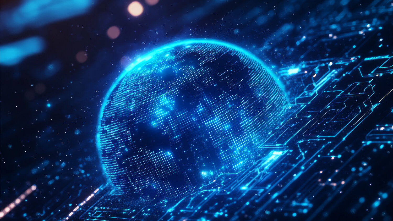 Futuristic digital globe composed of glowing blue dots and circuits, symbolizing artificial intelligence and global digital transformation.