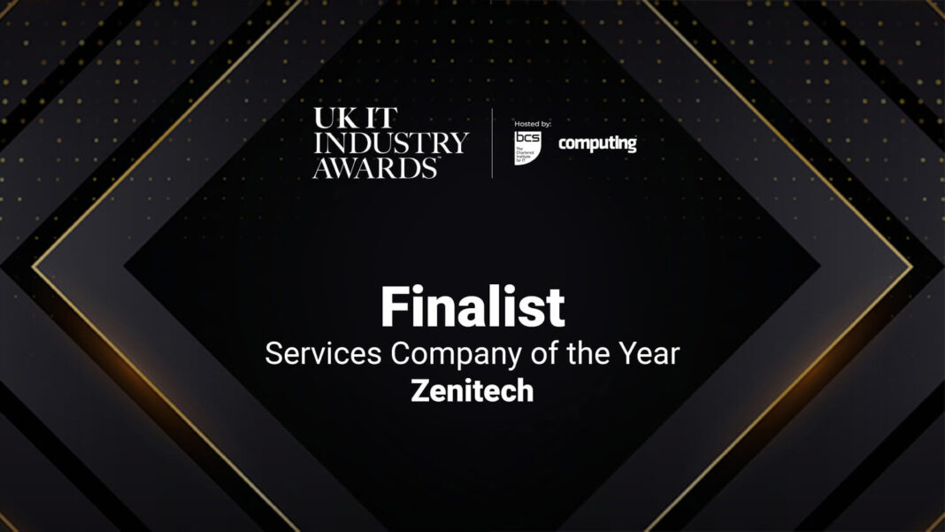 Visual announcement for the UK IT Industry Awards with "Finalist – Services Company of the Year – Zenitech", hosted by BCS and Computing.