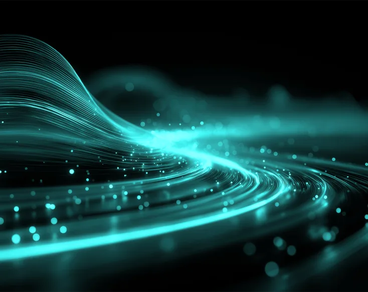 Abstract swirling image, green on a dark blue background