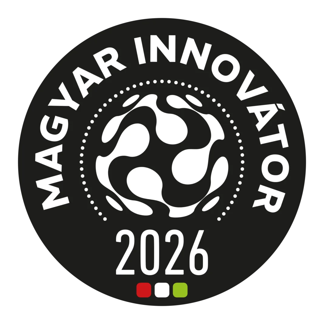 trademark badge, black circle background with Magyar Innovator written in white and 2026 below with hungarian flag below that