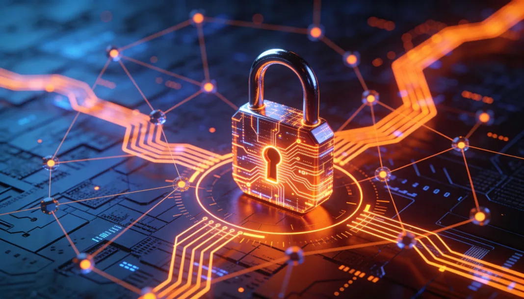 Glowing orange padlock with glowing wavy lines leaving it in four directions. The padlock sits with a network of lines and dots and on a dark background.