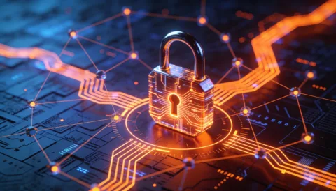 Glowing orange padlock with glowing wavy lines leaving it in four directions. The padlock sits with a network of lines and dots and on a dark background.