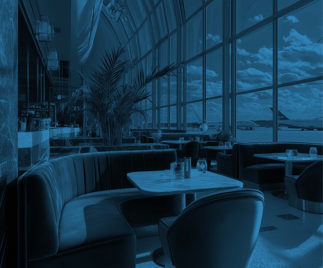 An airport lounge - with large glass windows showing two planes on the tarmac. The image has a blue overlay giving it a blue tint.