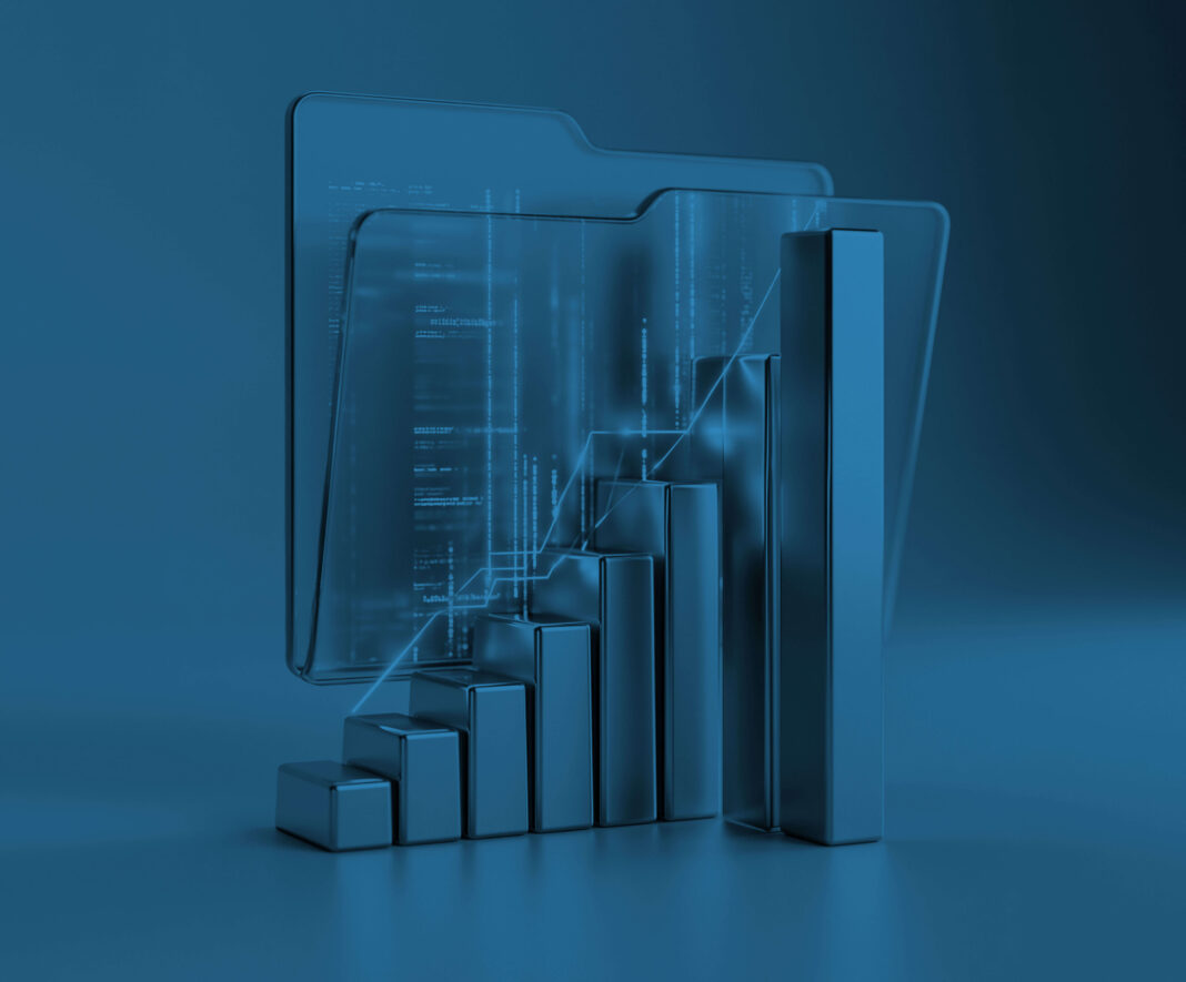 A 3D bar chart with a folder symbol behind it. The image has a blue overlay, giving the image a blue tint.