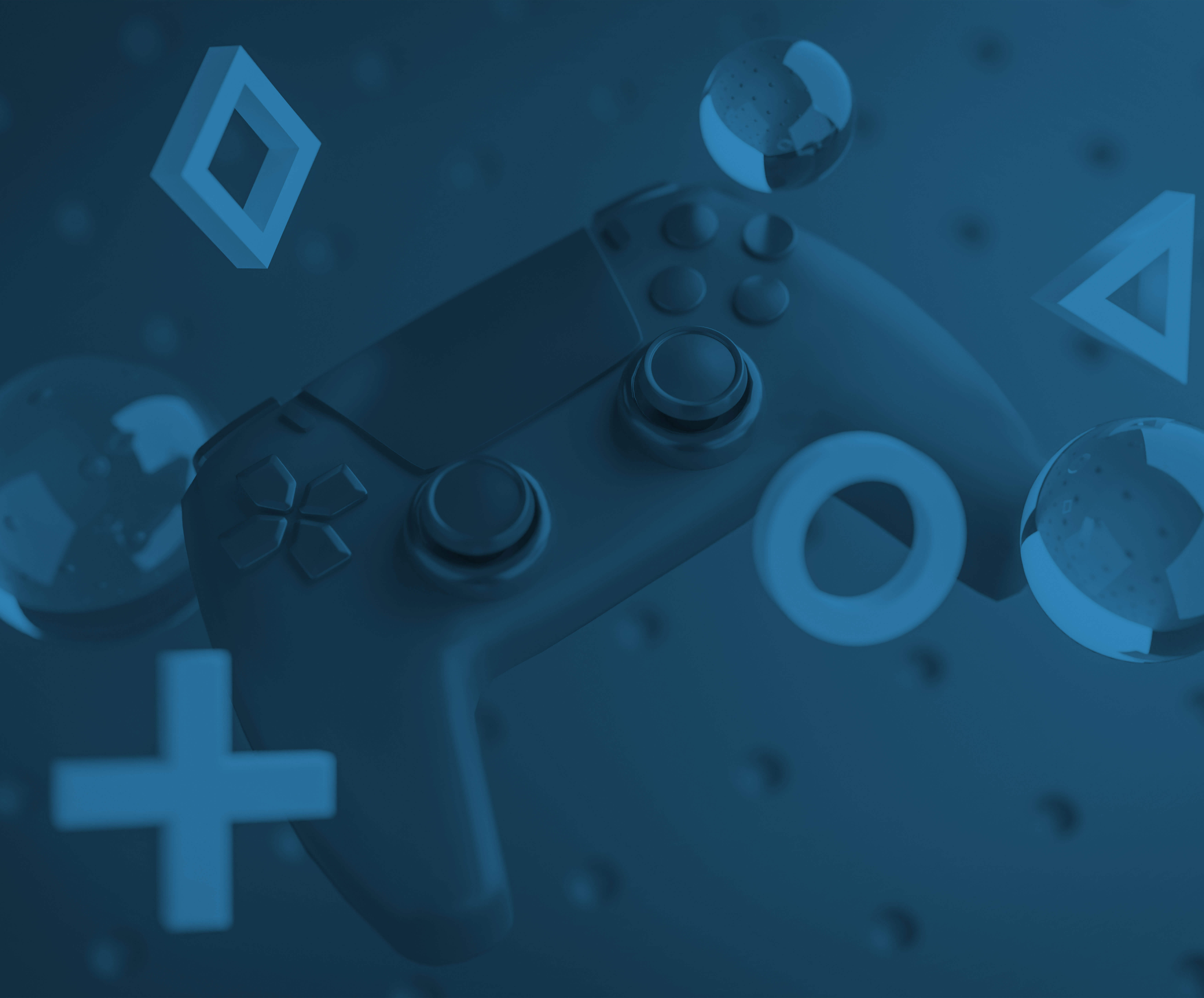 One gaming controller floating on a dimpled background with bubbles and shapes floating around it. The image has a blue overlay, giving it a blue tint
