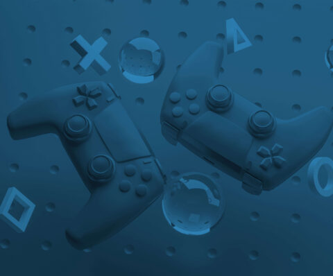 Two gaming controllers floating on a background with dimples - the image has a blue overlay - giving it a blue tint.