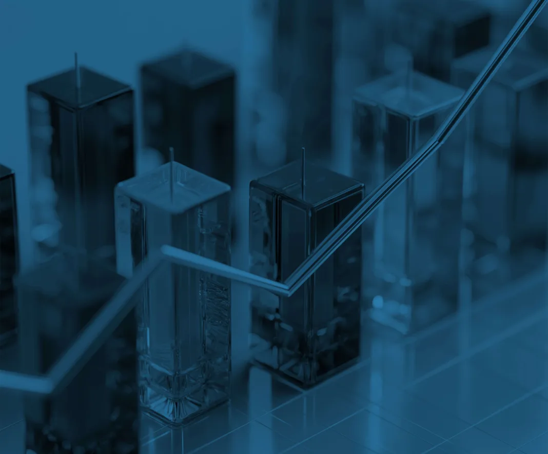 3D glass columns in the foreground and background representing a chart with a zig zag line in front of them. The image has a blue overlay, giving the image a blue tint.